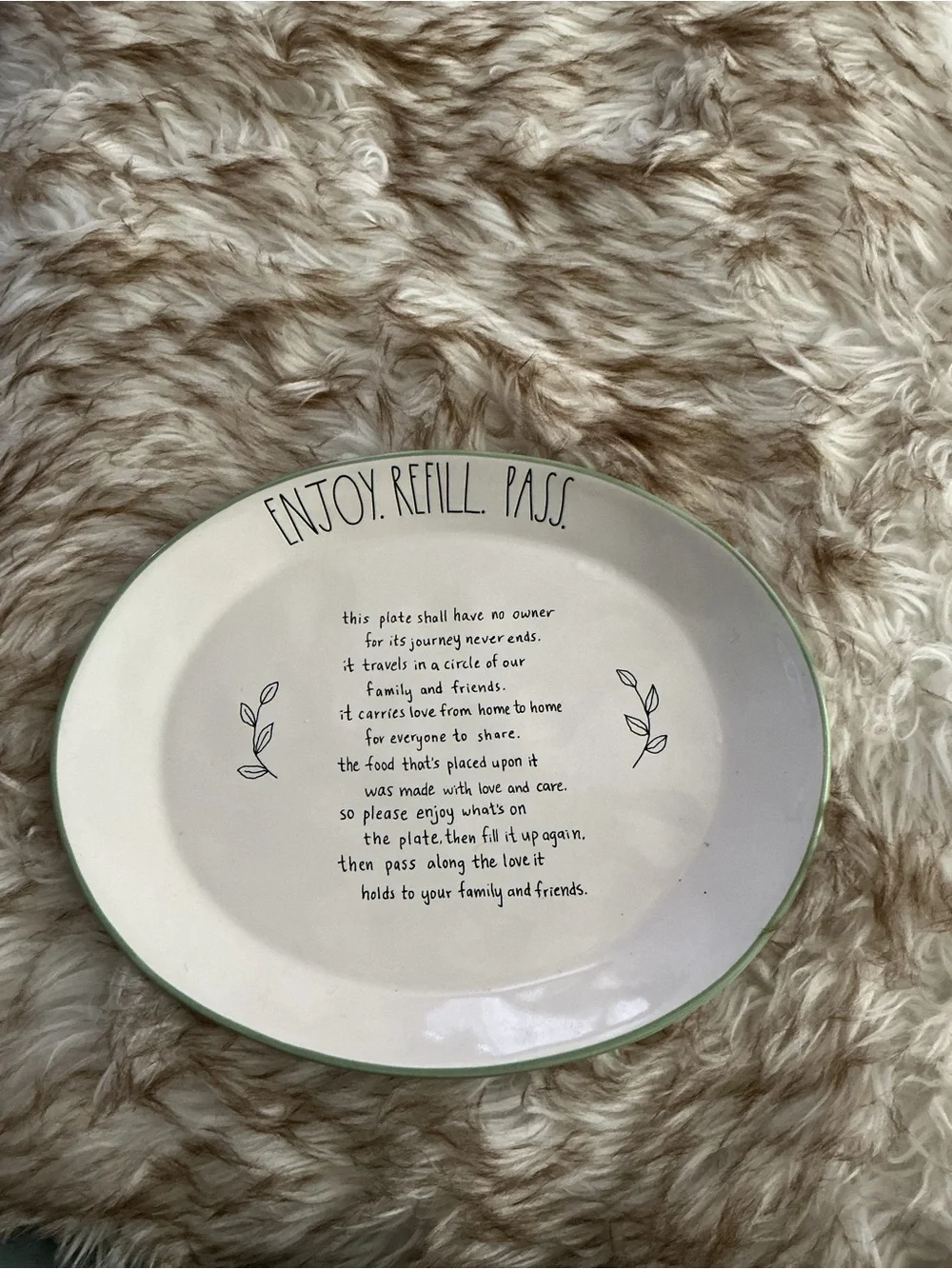 Rae Dunn Cream Ceramic Plate with Green Trim and Script